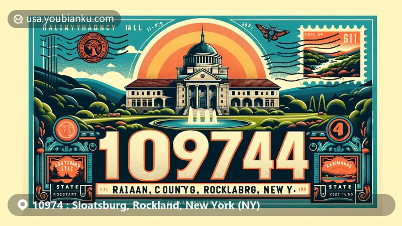 Modern illustration of Sloatsburg, Rockland County, New York, showcasing ZIP code 10974 with bold typography, featuring Harmony Hall and elements of Harriman State Park.