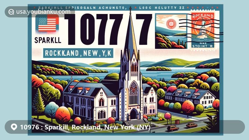 Modern illustration of Sparkill, Rockland County, New York, showcasing iconic landmarks like Christ Episcopal Church and Tallman Mountain State Park, along with postal elements featuring New York state flag-themed postage stamp and vivid 10976 ZIP code.