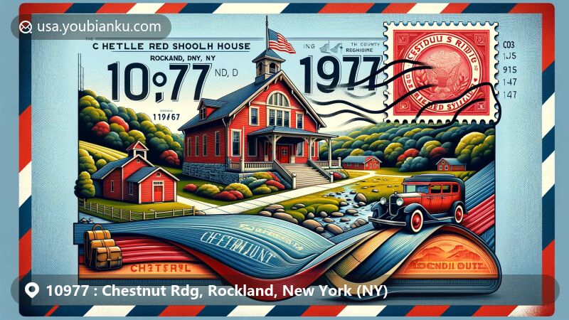 Creative illustration of Chestnut Ridge, Rockland County, New York, featuring postal theme with ZIP code 10977, showcasing the Little Red Schoolhouse Museum and vintage postal car, incorporating Rockland County map outline and natural beauty elements.