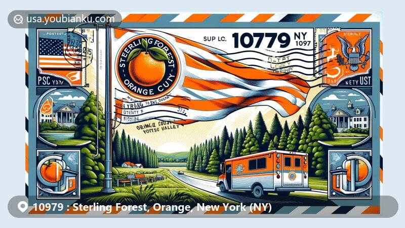 Modern illustration of Sterling Forest, Orange County, NY, showcasing Orange County flag with orange tree symbolizing Dutch heritage, postal elements like stamp and postmark, and Sterling Forest landmarks in vibrant style.