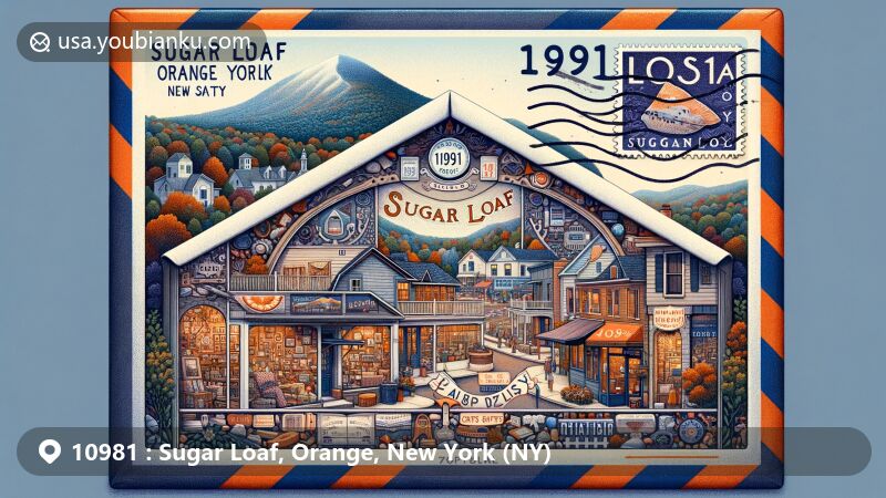 Modern illustration of Sugar Loaf, Orange County, New York, showcasing vintage airmail envelope with transparent window featuring picturesque Sugar Loaf arts and crafts village, highlighting unique shops and studios of the artisan community. Includes handicrafts, artworks, and welcoming ambiance reflecting Sugar Loaf's artistic heritage. Envelope prominently displays postal code '10981' and features a stamp depicting artistic rendition of Sugar Loaf Mountain symbolizing natural scenic beauty. Stamp bears postmark for authenticity. Surrounding the envelope subtly integrate elements representing entire Orange County and New York state, such as state flag and county landmarks. Style is contemporary and vibrant, suitable for web illustration blending postal elements with Sugar Loaf's unique artistic charm.