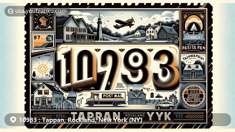 Vintage-style illustration of Tappan, Rockland County, New York, featuring postal communication theme with ZIP code 10983, showcasing iconic landmarks like DeWint House and Old '76 House.