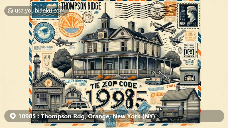 Modern illustration of Thompson Ridge, Orange County, New York, depicting vintage airmail envelope with postal theme, showcasing Alexander Thompson House, Robert A. Thompson House, and '10985' ZIP code.