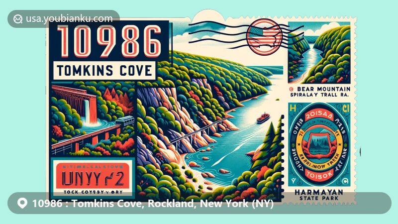 Modern illustration of Tomkins Cove, Rockland County, New York, featuring postal theme with ZIP code 10986, showcasing scenic hiking trails and Hudson River views.