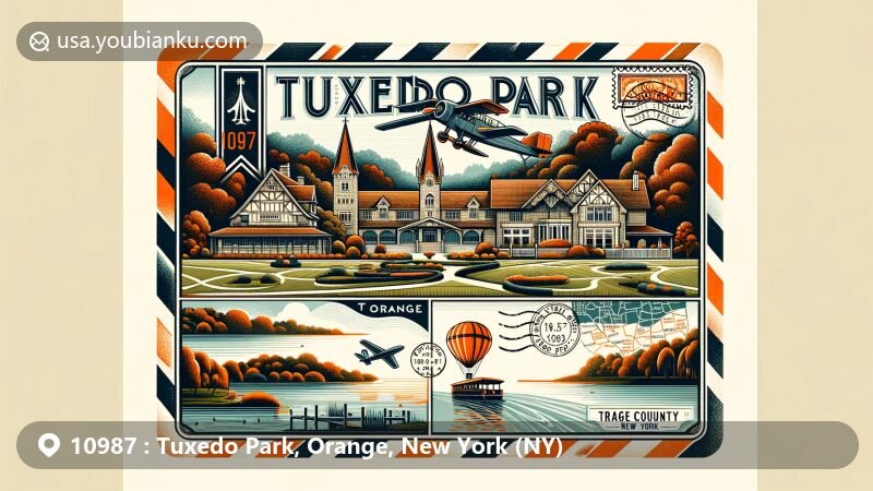 Vintage illustration of Tuxedo Park, Orange County, New York, showcasing historic landmarks like St. Mary's-in-Tuxedo Episcopal Church and shingle-style architecture, along with scenic lakes and postal elements.