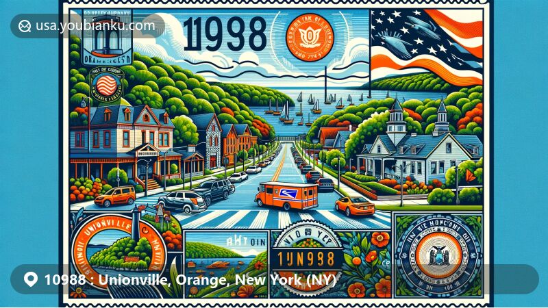 Modern illustration of Unionville, Orange County, NY, showcasing scenic landscape with iconic landmarks, lush greenery, NY state flag, and postal elements like vintage postcard border, 10988 ZIP Code stamp, and classic postal truck.