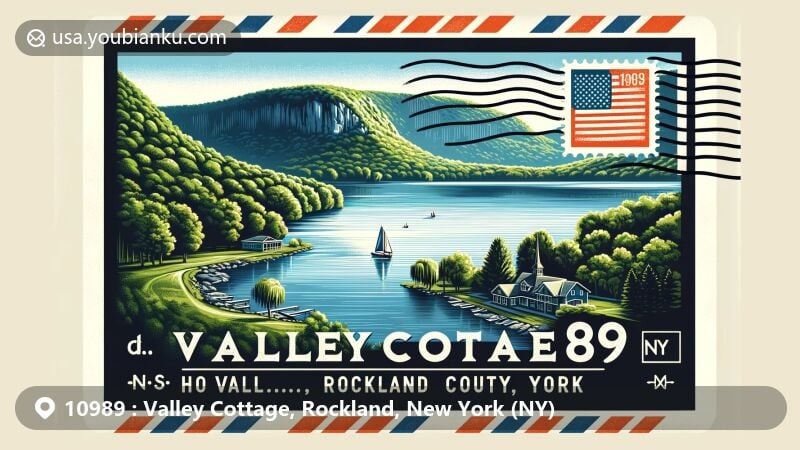 Wide modern illustration of Hook Mountain State Park in Valley Cottage, Rockland County, New York, featuring lush greenery, the Hudson River, and Rockland Lake State Park, styled as a postcard with a NY State flag postage stamp and postal elements.
