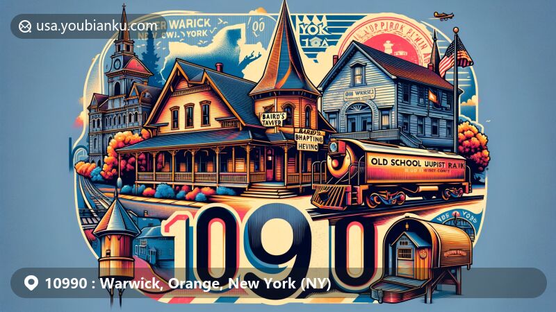 Modern illustration of Warwick, Orange County, New York, showcasing postal theme with ZIP code 10990, featuring Baird's Tavern, Old School Baptist Meeting House, and Lehigh & Hudson River Railway Caboose.