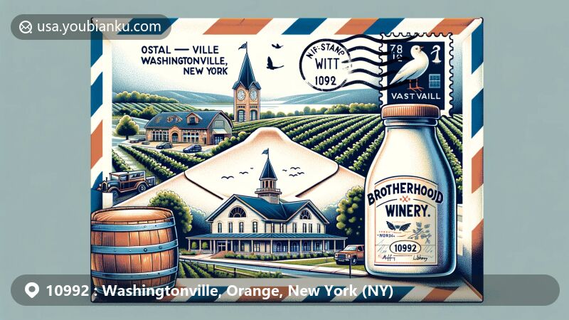 Modern illustration of Washingtonville, Orange County, New York, featuring Brotherhood Winery and Moffat Library, with postal elements like an air mail envelope, stamp, and postmark showing ZIP code 10992.