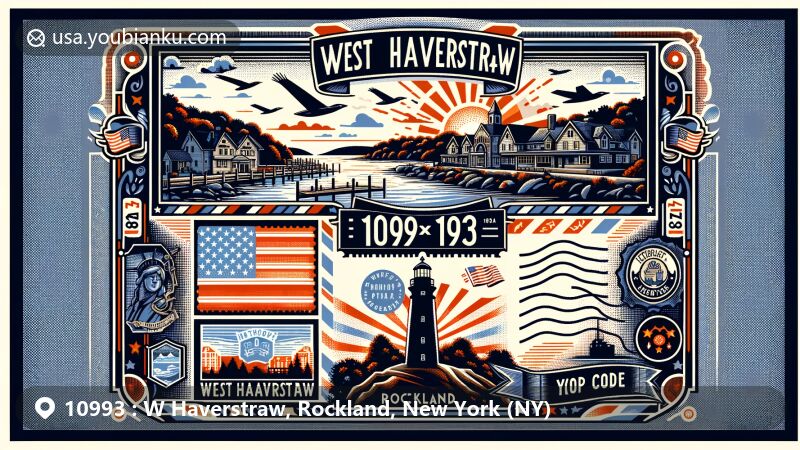 现代插画风格的10993邮政编码（纽约州洛克兰县W Haverstraw）插图，展示West Haverstraw地区特色和Rockland县著名地标，融入Helen Hayes Hospital轮廓、Stony Point Lighthouse形象，背景哈德逊河，强调地区与重要水道联系，创意邮政主题框架，美国元素如国旗或国徽，增强地域感。旨在作为网页亮点展现10993地区文化和自然遗产。
