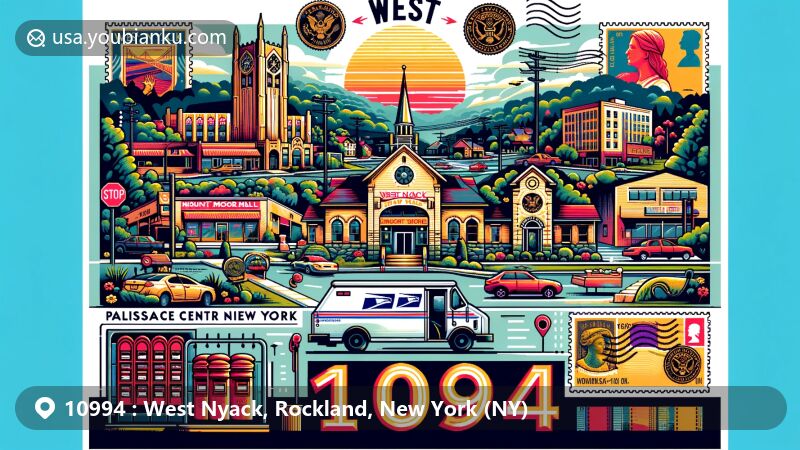Modern illustration of West Nyack, Rockland County, New York, featuring postal theme with ZIP code 10994, showcasing landmarks like Palisades Center Mall and Mount Moor Cemetery.