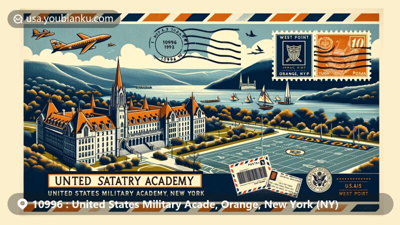 Modern illustration of the United States Military Academy at West Point, Orange County, New York, blending historic architecture, Hudson River landscape, and postal theme with ZIP code 10996.