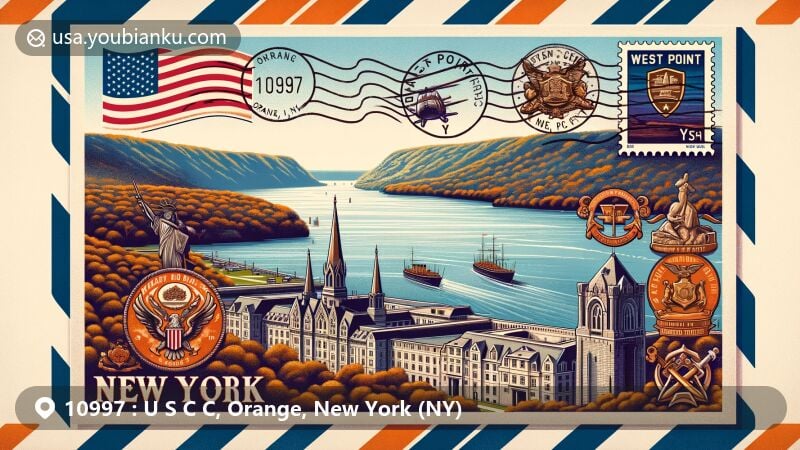 Modern illustration of West Point Military Academy overlooking the Hudson River, featuring air mail envelope with New York state flag stamp and postmark reading '10997 U S C C, Orange, NY', showcasing iconic symbols of military education.