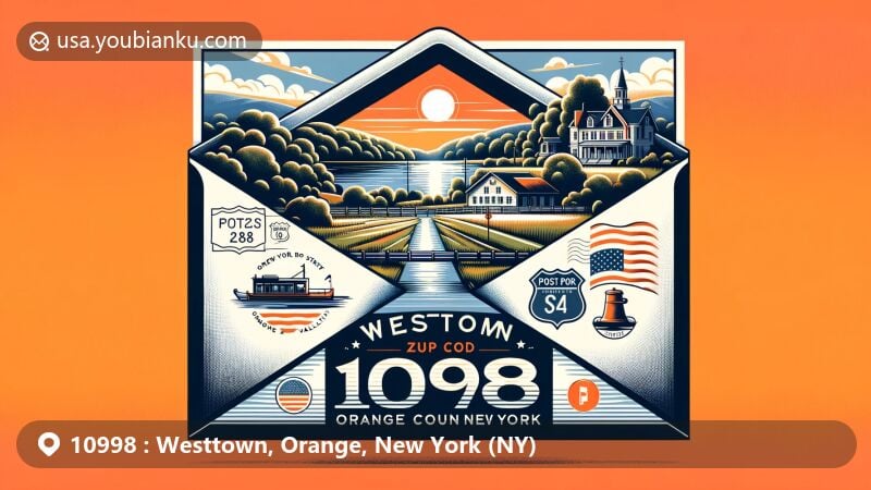 Modern illustration of Westtown, Orange County, New York, featuring the Hudson Valley's natural landscapes and postal theme with ZIP code 10998, showcasing New York state symbols and historic post office.