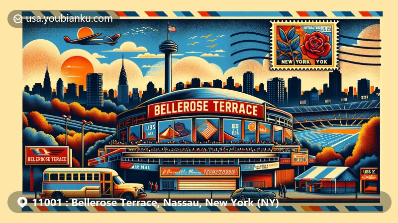 Modern illustration of Bellerose Terrace, Nassau, New York (NY), showcasing UBS Arena and Belmont Park as vibrant symbols of the community's connection to sports and entertainment, with a vintage postal theme featuring ZIP code 11001 and New York State flag stamp.