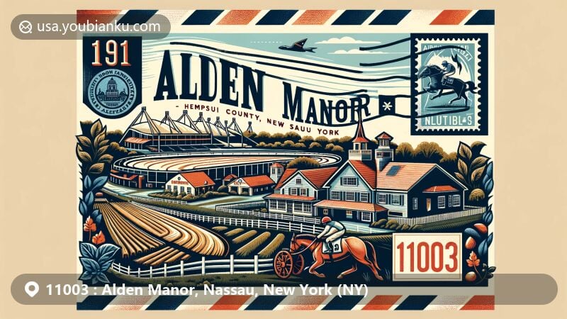 Modern illustration of Alden Manor, Hempstead, Nassau County, New York, featuring Belmont Park racetrack and UBS Arena, blended with stylized agricultural motifs, postal elements like stamps and a postmark with '11003' ZIP code, in a vibrant, web-friendly style.