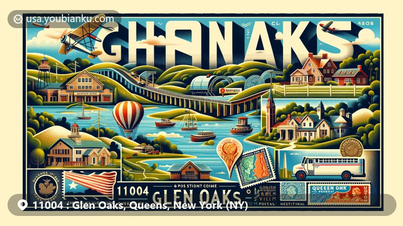Modern illustration of Glen Oaks, Queens, New York, showcasing postal theme with ZIP code 11004, featuring local landmarks and geographical features like terminal moraine hills and glacial outwash plain.