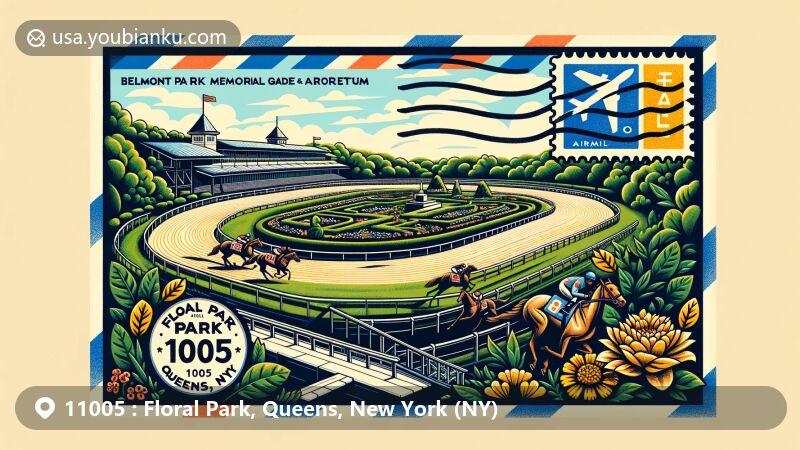 Modern illustration of Floral Park, Queens, NY, featuring Belmont Park Racetrack and Floral Park Memorial Garden and Arboretum on an airmail envelope background with a postcard theme, showcasing ZIP code 11005.