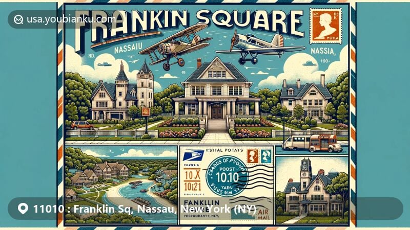 Vibrant illustration of Franklin Square, Nassau, New York, blending historical, cultural elements with aviation theme, showcasing Sands Point Preserve and residential charm, featuring postal elements including ZIP Code 11010.