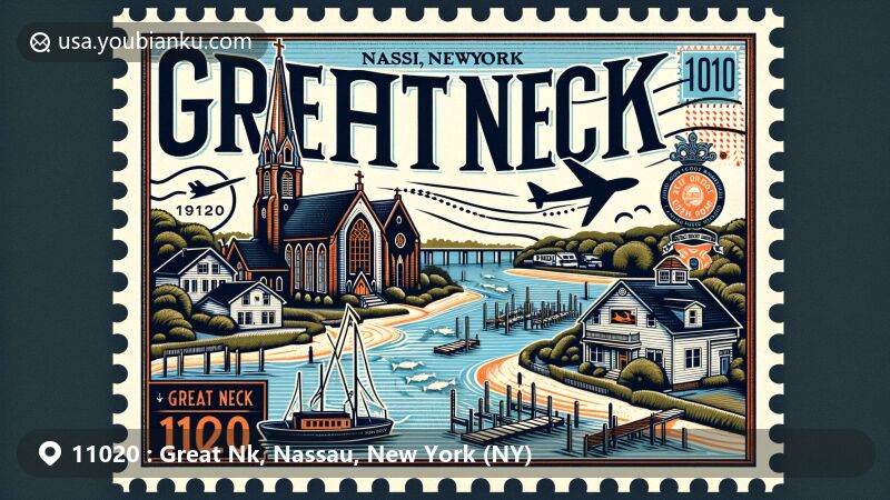 Modern illustration of Great Neck, Nassau County, New York, featuring St. Aloysius Roman Catholic Church, Community Church of Great Neck, and the area's historical evolution from Menhaden-Ock, with postal theme elements like vintage postcard style and a postal airplane.