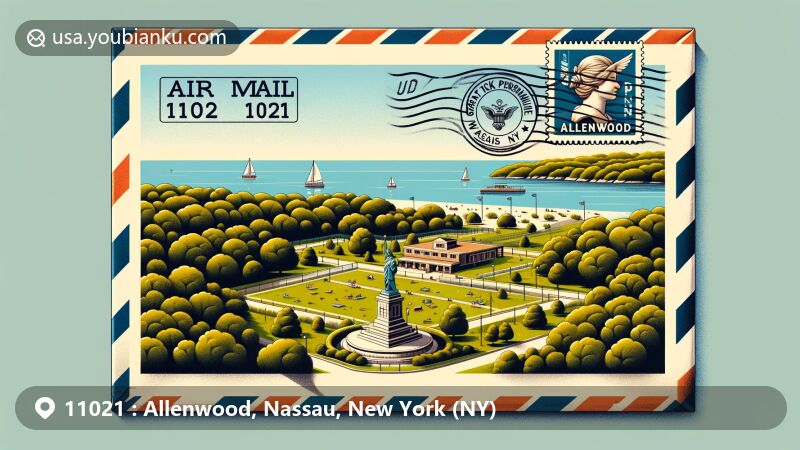 Modern illustration of Allenwood Park, Great Neck Peninsula, featuring lush greenery and recreational spaces, set in a contemporary style with subtle hints of the Allen family's historical significance, framed within an airmail envelope symbolizing postal theme with ZIP code 11021.