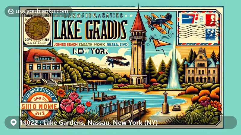 Modern illustration of Lake Gardens, Nassau County, New York, featuring Jones Beach State Park's iconic water tower inspired by St. Mark's Basilica bell tower, Glen Cove Mansion, and vintage postal elements with ZIP code 11022.