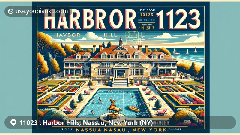 Modern illustration of Harbor Hills, Nassau County, New York, highlighting ZIP code 11023 and the iconic Harbor Hill estate with Marly Horse statue replica, community swimming pool, and unique blend of land and water features.