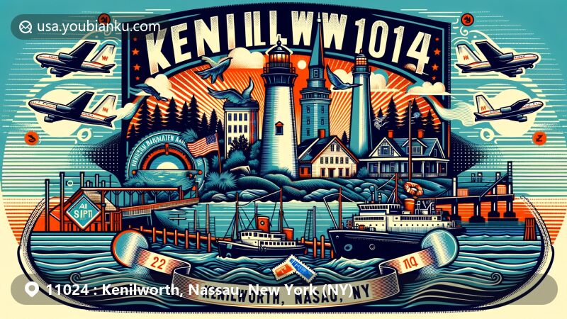 Modern illustration of Kenilworth, Nassau County, New York, highlighting ZIP code 11024 and blending elements of the United States Merchant Marine Academy, maritime museum, and Kings Point Light lighthouse.
