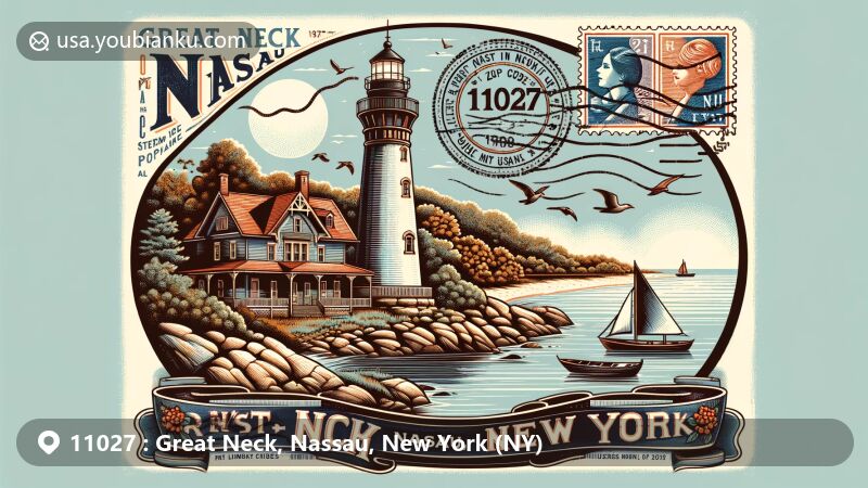 Modern illustration of Great Neck, Nassau, New York, featuring Stepping Stones Lighthouse and scenic inspiration for 'The Great Gatsby,' symbolizing historical richness and cultural significance with postal theme of ZIP code 11027.
