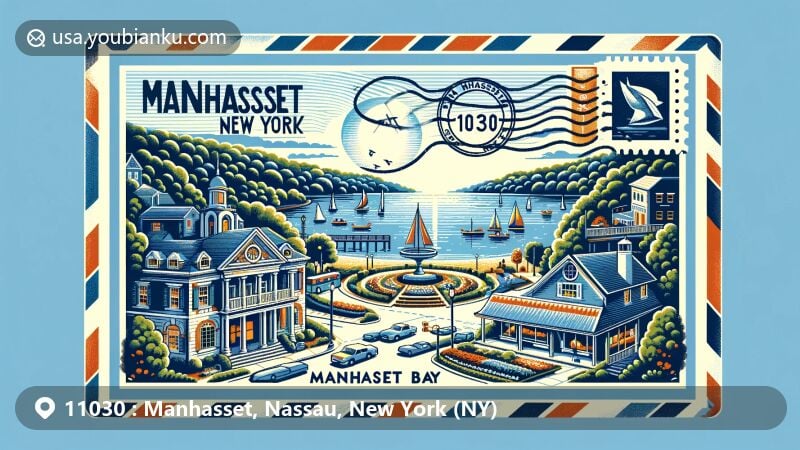 Modern illustration of Manhasset, Nassau County, New York, showcasing postal theme with ZIP code 11030, featuring Miracle Mile shopping district, Manhasset Bay, historic Meeting House, and Mary Jane Davies Green.
