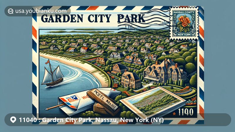 Modern illustration of Garden City Park, Nassau County, New York, featuring a vintage air mail envelope showcasing residential areas and local landmarks, with New York state symbols and ZIP code 11040 highlighted.