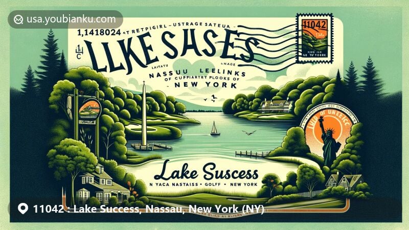 Modern illustration of Lake Success, Nassau, New York, featuring serene and historic charm, highlighting its past as temporary UN headquarters, and green parks like Harbor Links Golf Course. Resembling a postcard with postal elements and prominently displaying ZIP code 11042.