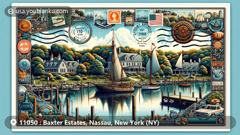 Modern illustration of Baxter Estates, Nassau, New York (NY), showcasing postal theme with ZIP code 11050, featuring Baxter Pond Park, historical Baxter House, and maritime motifs.