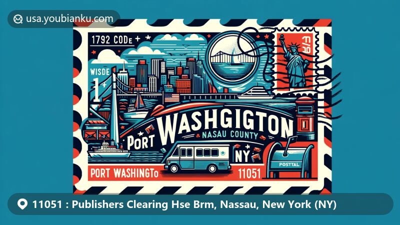 Modern illustration of Port Washington, Nassau County, New York, featuring postal theme with ZIP code 11051, coastal vibes, and urban elements, including Nassau County silhouette and vintage postal elements.