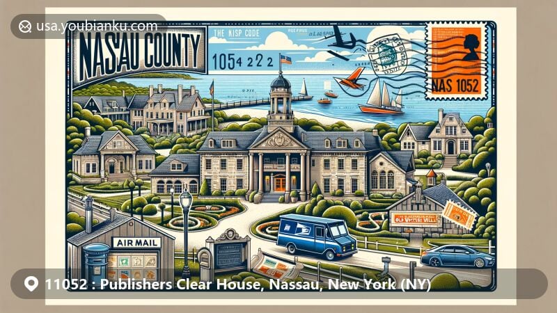 Modern illustration of Nassau County, New York, featuring Glen Cove's historic buildings, Old Westbury Gardens' elegant estates, and Sagamore Hill, the Summer White House of President Roosevelt, ingeniously integrated into a postal theme with ZIP code 11052.