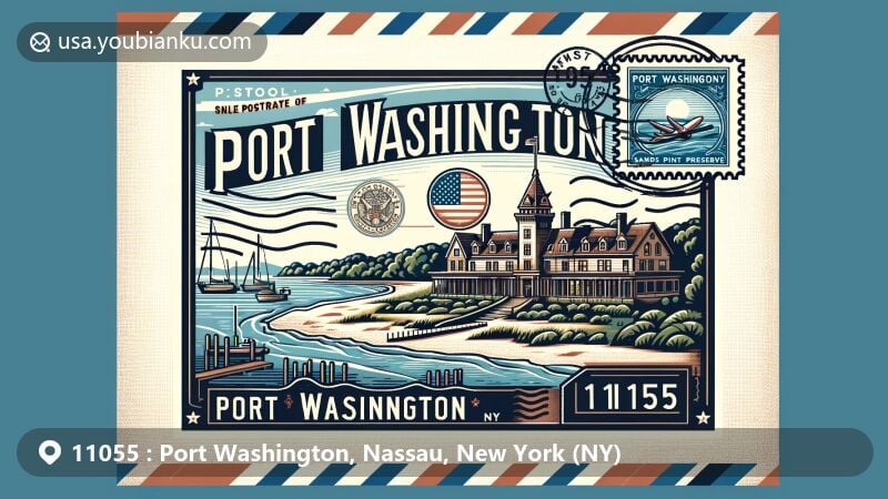 Modern illustration of Port Washington, Nassau County, New York, representing ZIP code 11055 and showcasing Sands Point Preserve with iconic Hempstead House and Falaise mansion, blending postal theme and American symbolism.