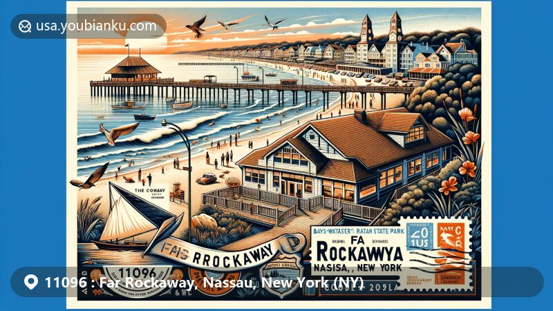 Modern illustration of Far Rockaway, Nassau County, New York, showcasing postal theme with ZIP code 11096, featuring iconic beach, historic architecture, and local flora and fauna.