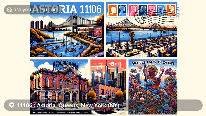 Modern illustration of Astoria, Queens, New York, highlighting ZIP code 11106, showcasing Socrates Sculpture Park, Bohemian Hall & Beer Garden, and Welling Court Mural Project, with East River and Queensboro Bridge in the background.