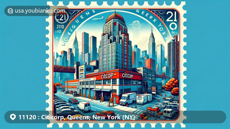 Modern illustration of Citicorp Building in Long Island City, Queens, New York (NY), featuring a creative postal theme with ZIP code 11120, showcasing the industrial district backdrop with warehouses, auto repair shops, and the Queensboro Bridge.
