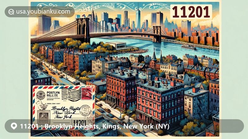 Modern illustration of Brooklyn Heights, New York, showcasing postal theme with ZIP code 11201, featuring historic brownstone buildings and Brooklyn Bridge, symbolizing rich history and architectural beauty.