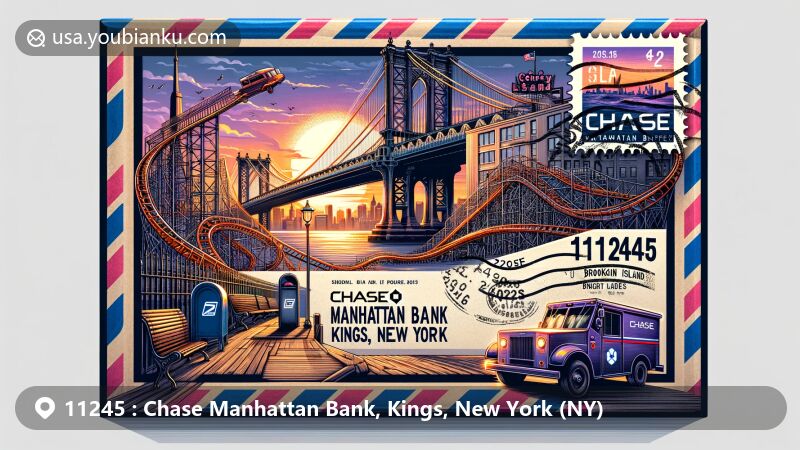 Modern illustration of Chase Manhattan Bank area, Kings County, New York, with Brooklyn Bridge and Coney Island roller coaster in postal theme featuring ZIP code 11245.