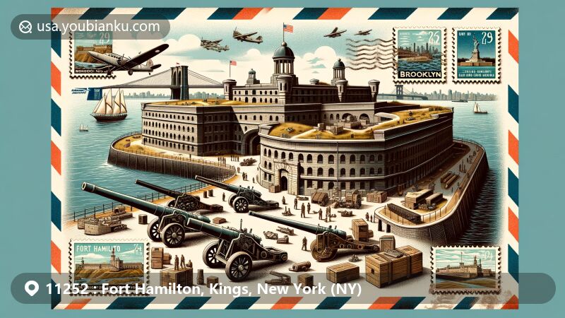 Modern illustration of Fort Hamilton, Brooklyn, New York, blending historical military significance with postal theme, featuring Harbor Defense Museum, artillery, and ZIP code 11252.