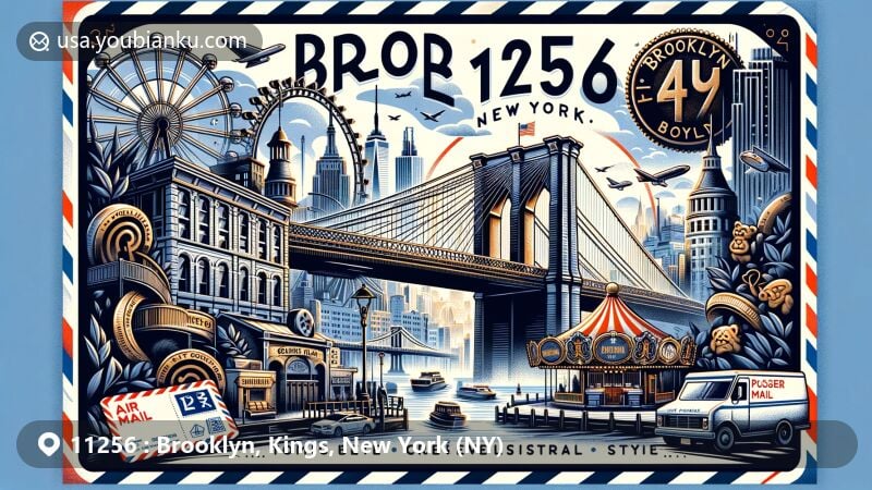 Modern illustration of Brooklyn, New York, showcasing the iconic Brooklyn Bridge, Coney Island Ferris Wheel, Soldiers and Sailors Memorial Arch, and Prospect Park Lullwater Bridge in a postal-themed setting with ZIP code 11256.