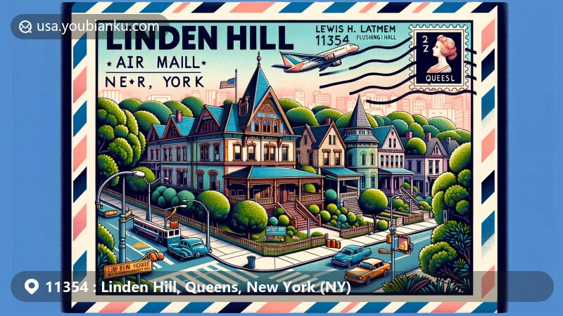 Modern illustration of Linden Hill, Queens, New York, capturing ZIP Code 11354 area with Bowne House, Lewis H. Latimer House, and Flushing Town Hall, framed by air mail envelope design and linden trees.