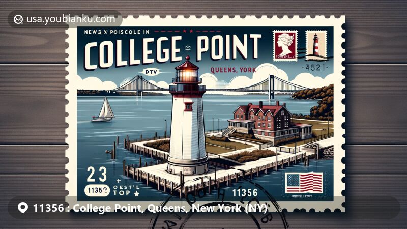 Modern illustration of College Point, Queens, New York, representing ZIP code 11356, featuring College Point Lighthouse, Powell’s Cove Park, Whitestone Bridge, and New York state flag in a postcard format with postal elements.