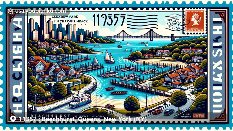 Modern illustration of Beechhurst, Queens, New York, showcasing Clearview Park and Bayside Marina with postal theme including ZIP code 11357, featuring landmark illustrations on stamp shape and postal elements.