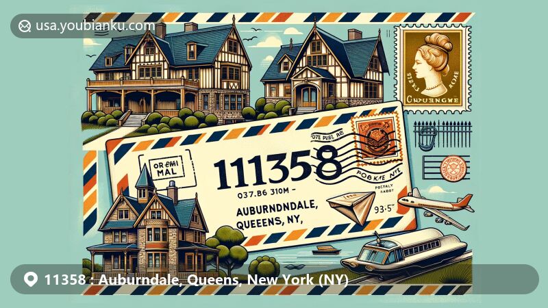 Modern illustration showcasing Auburndale, Queens, NY, with Tudor-style house, Bowne House, and Cunningham Park, integrated with postal elements like air mail envelope, vintage postage stamp displaying ZIP code 11358, and 'Auburndale, Queens, NY' postmark.