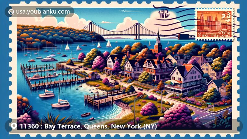 Modern illustration of Bay Terrace, Queens, NY, capturing serene suburban lifestyle and picturesque waterfront views, featuring iconic landmarks like Fort Totten Park, Bay Terrace Shopping Center, and postal elements.