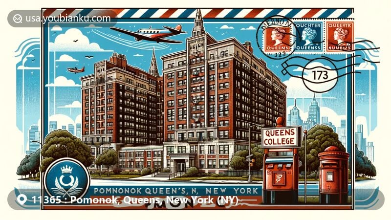 Modern illustration of Pomonok, Queens, NY 11365, showcasing Electchester cooperative housing complex and Queens College, framed in a vintage air mail envelope with postal stamps and a red postal mailbox, highlighting the postal theme and local landmarks.