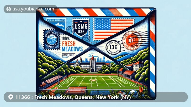 Modern illustration of Fresh Meadows, Queens, New York, featuring a creative airmail envelope with ZIP code 11366, stamps, postmark, Cunningham Park, St. John's University, and the New York state flag.